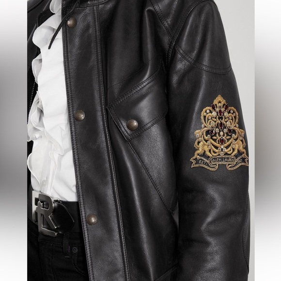 Ralph Lauren Collection Cadena Logo-Patch Belted Leather Moto Jacket - Picture 8 of 16